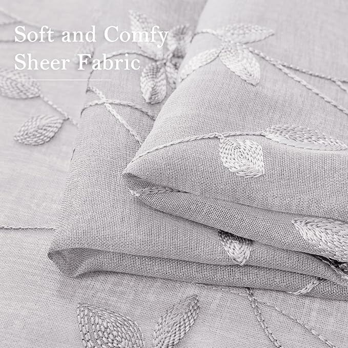 HOMEIDEAS Grey Sheer Curtains 2 Panels, Embroidered Vine Leaf, W52xL63 | Faux - Image 5