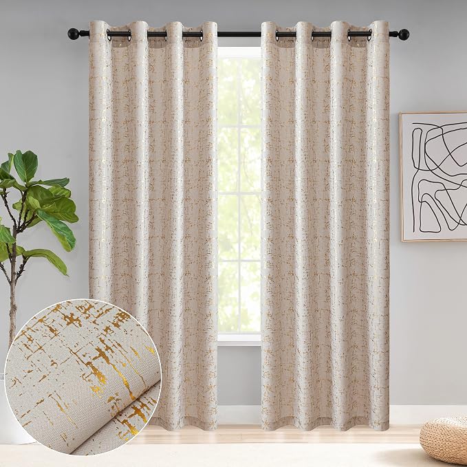 Taisier Home Gold Foil Print Linen Textured Curtains Geometric Dots Pattern - Image 5