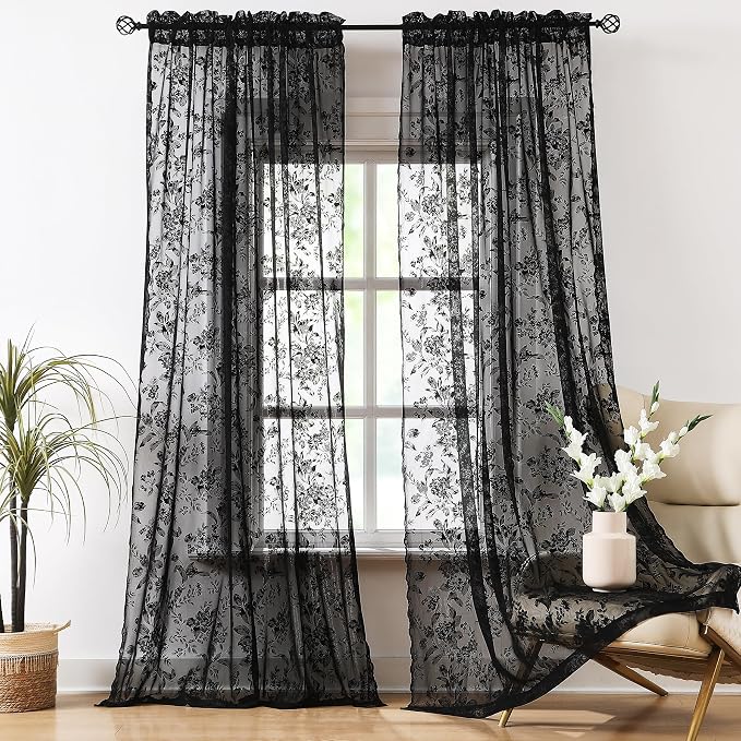 Black Floral Lace Curtains for Bedroom Living Room, French Light Filtering - Image 2