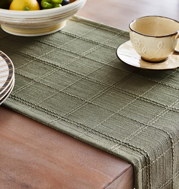 Linen Checked Farmhouse Table Runner, 13x108 Inches Olive | Raised Grid Design - Image 5