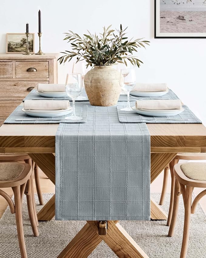 Linen Checked Farmhouse Table Runner, 13x72 Inches Chambray | Raised Grid Design - Image 2