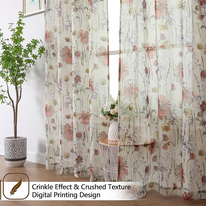 Crushed Sheer Curtains Kitchen Tiers 36 Inch Length 2 Panels, Printed Design - Image 5