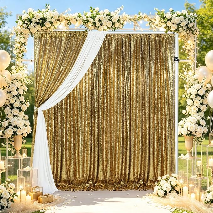 Black Gold Sequin Backdrop Curtains Party Glitter Drapes 2 Pcs 2FTx8FT | - Image 4