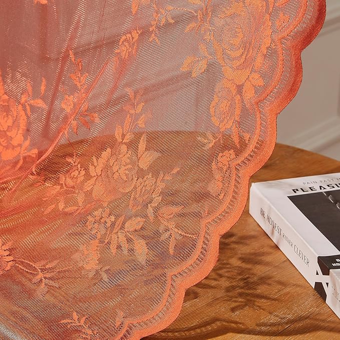 Burnt Orange Lace Curtains Country Rustic Floral Curtain - Image 7