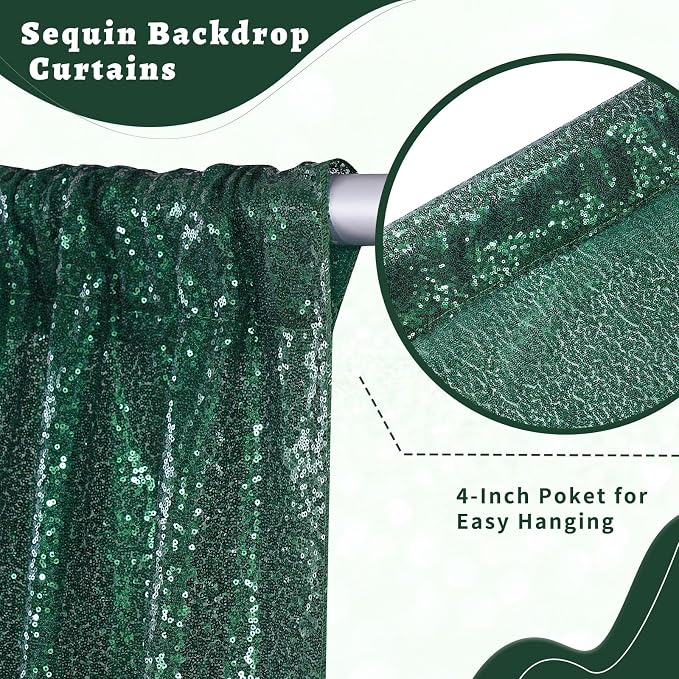 Emerald Green Sequin Backdrop Curtains Party Glitter Drapes 2 Pcs 2FTx8FT | - Image 2