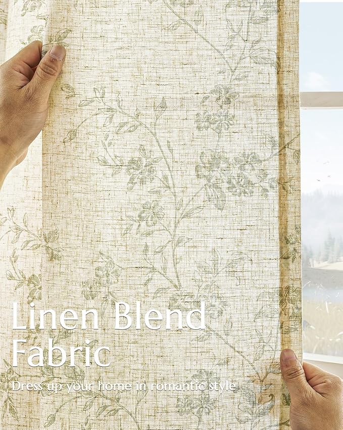 jinchan Green Floral Linen Curtains 63 Inch Farmhouse Back Tab 2 Panels | - Image 3