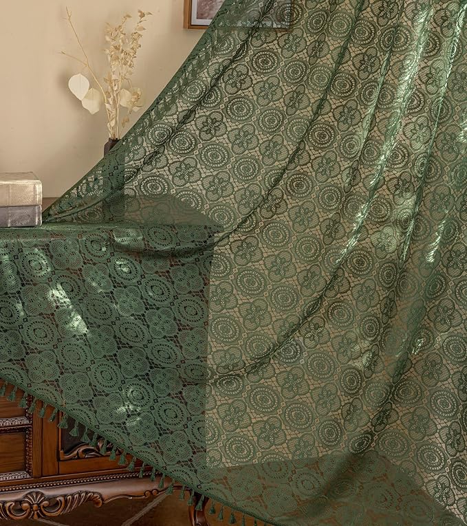 YJ YANJUN Boho Lace Curtains, Dark Green, 2 Panels | Vintage Floral Crochet - Image 3