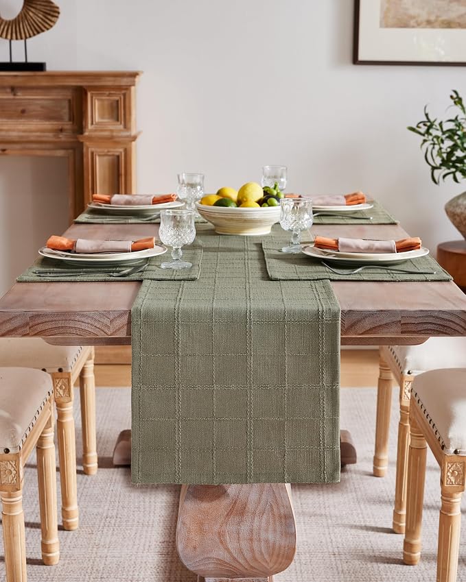 Linen Checked Farmhouse Table Runner, 13x108 Inches Olive | Raised Grid Design - Image 2