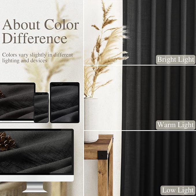 Black Curtains 95 Inches Long 2 Panel Set Back Tab Sheer Black Linen Curtain - Image 3