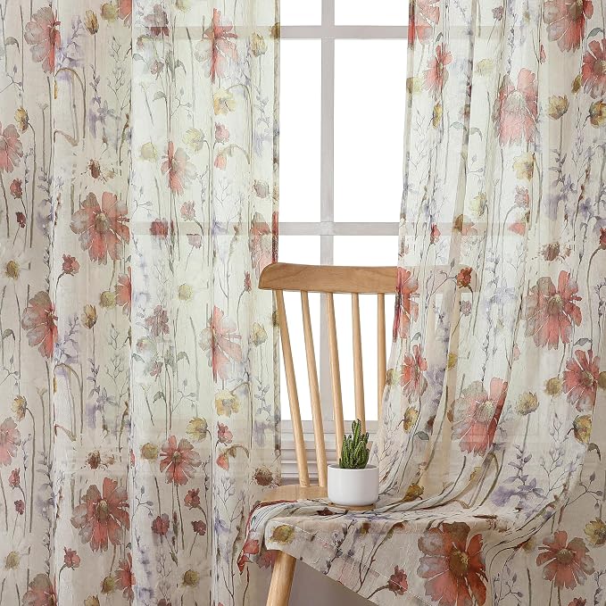 Crushed Sheer Curtains 84 Inch Length 2 Panels Set, Sheer Floral Curtains by OWENIE