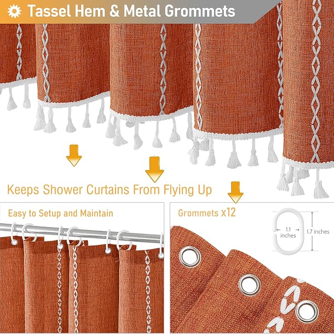 72x96 Extra Long Linen Heavy Duty Shower Curtain Set, Burnt Orange | Extra Tall - Image 5