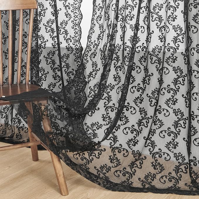 Black Lace Curtains 90 Inches Long 2 Panels Vintage Floral Sheer Curtains - Image 5