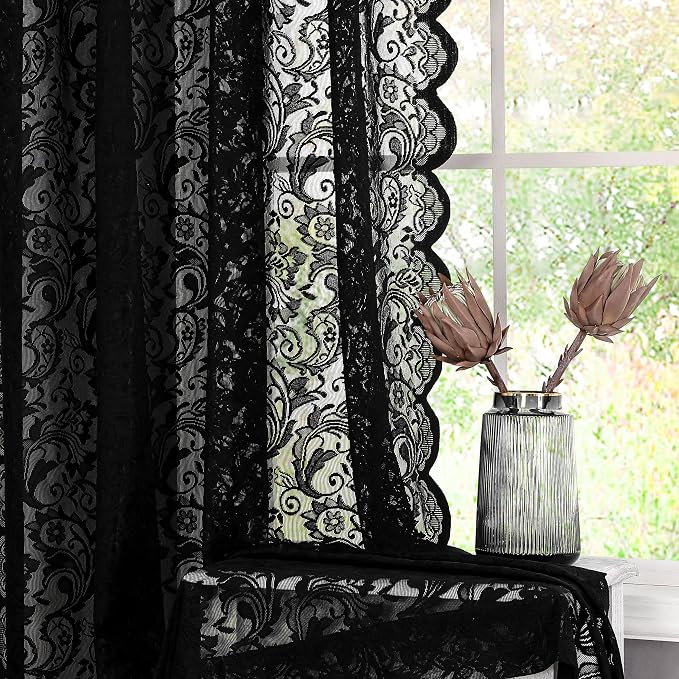 Bujasso Black Sheer Lace Curtains 84 inch Vintage Floral Sheer Window Curtain by Bujasso