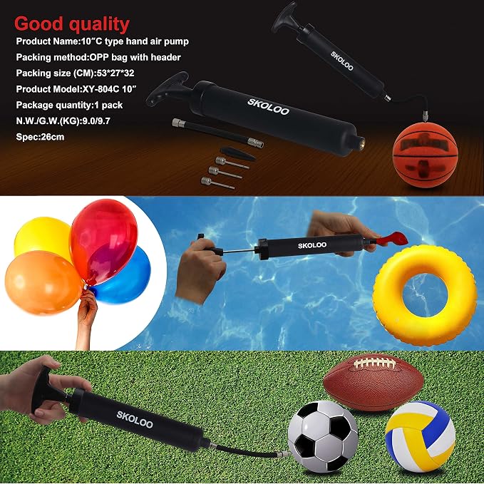 SKOLOO 10" Portable Hand Air Ball Pump Inflator Kit - Image 5
