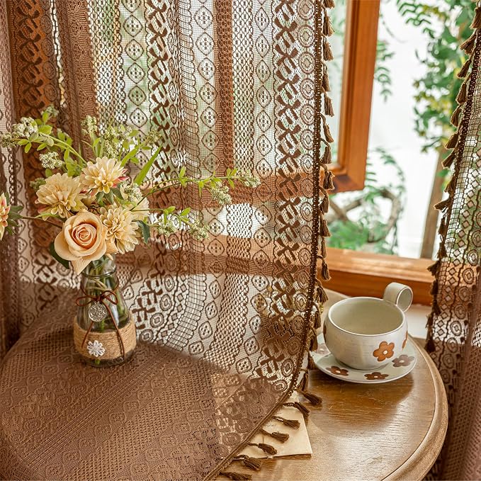 Sutuo Home Caramel Boho Curtains 2 Panels, Sheer Lace Curtains 90 Inches Long by SutuoHome