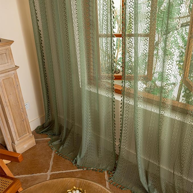 Sutuo Home Olive Green Boho Sheer Curtains 90 Inches Long by SutuoHome