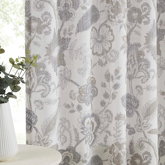 Kayne Studio Linen Grey Floral Botanical Light Filtering Curtains 63 Inches | - Image 2