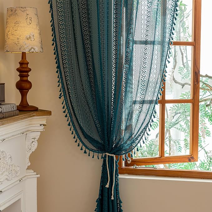 Sutuo Home Teal Boho Lace Curtains 72 inches long - Image 3