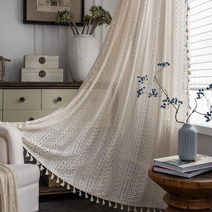 Sutuo Home Beige Boho Curtains Crochet Lace Semi-Sheer Bohemian Hollow Knitted by SutuoHome
