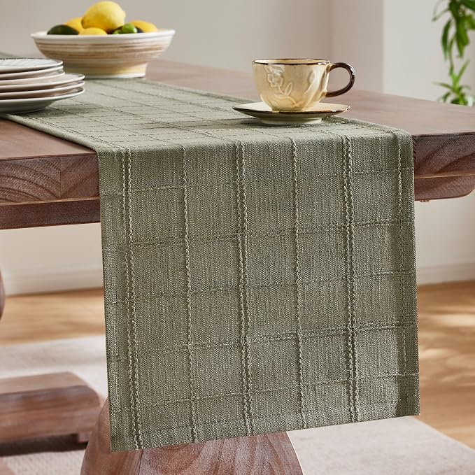 Linen Checked Farmhouse Table Runner, 13x90 Inches Olive | Raised Grid Design - Image 4
