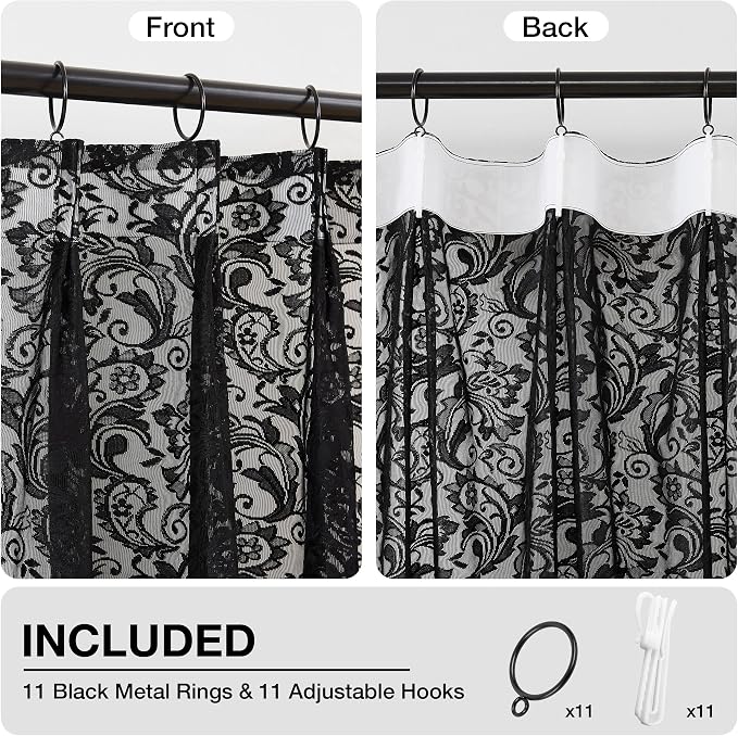 Bujasso Black Lace Pinch Pleat Curtains 96 inch, Gothic Vintage Floral Sheer - Image 3