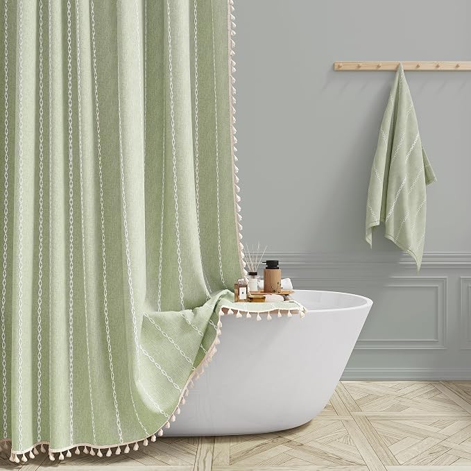 72x78 Long Boho Farmhouse Linen Heavy Duty Shower Curtain, Sage Green | Tall by ShowerCurtain