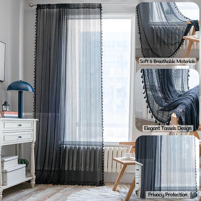 Sutuo Home Black Boho Curtain 84 Inches Length, Sheer Crochet Lace Handmade - Image 2