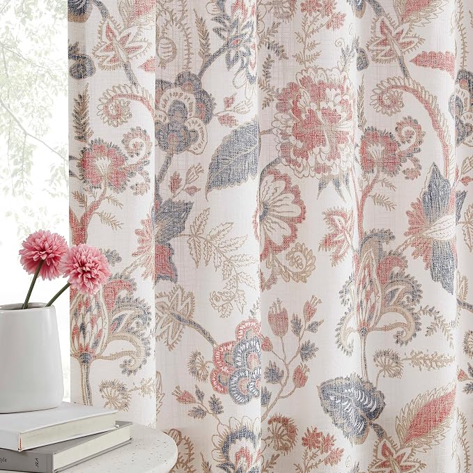 Kayne Studio Botanical Print Semi Sheer Curtains Navy Red Floral Leaf Farmhouse - Image 2