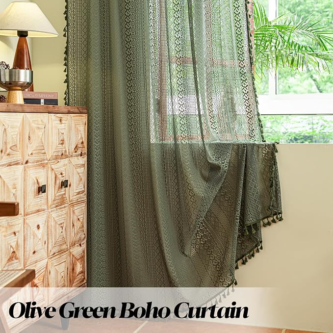 Sutuo Home Olive Green Boho Curtains 108 inches Long, Crochet Lace Sheer - Image 5