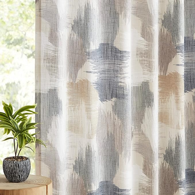 Kayne Studio Blue Tan Boho Geo Rod Pocket Semi Sheer Curtains 95 Inch Long | - Image 2