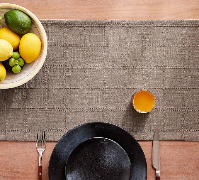 Linen Checked Farmhouse Table Runner, 13x60 Inches Cocoa Brown | Raised Grid - Image 7
