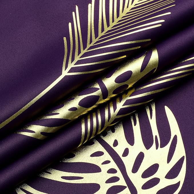 Purple Blackout Curtains for Bedroom, Room Darkening Gold Palm Tree Pattern - Image 8