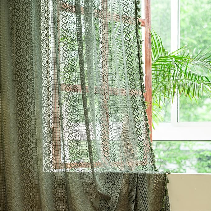 Sutuo Home Olive Green Boho Curtains 108 inches Long, Crochet Lace Sheer - Image 8