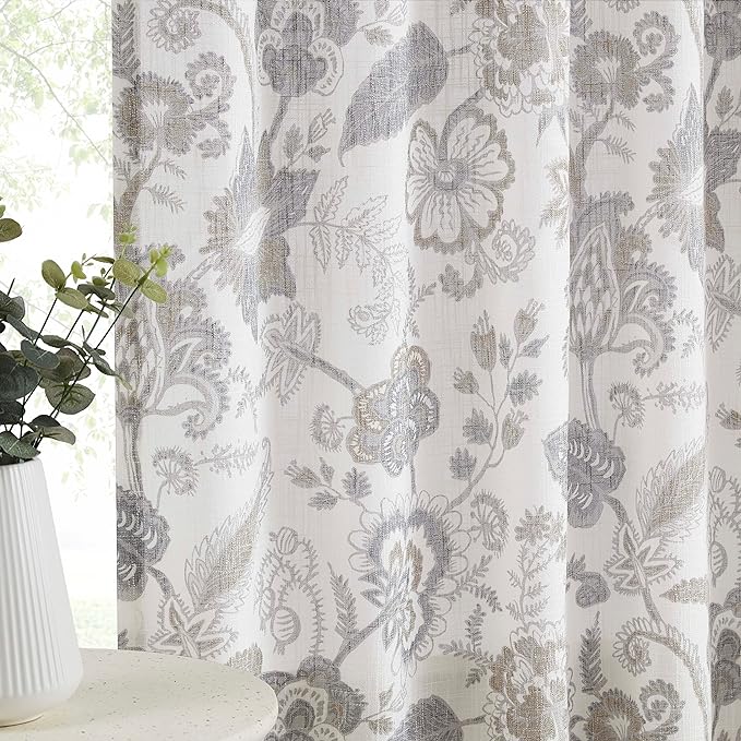 Kayne Studio Grey Floral Botanical Rod Pocket Semi Sheer Curtains 95 Inches | - Image 2