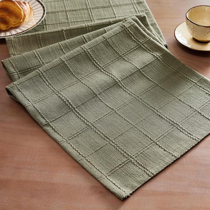Linen Checked Farmhouse Table Runner, 13x90 Inches Olive | Raised Grid Design by ZEEMARTONLINE
