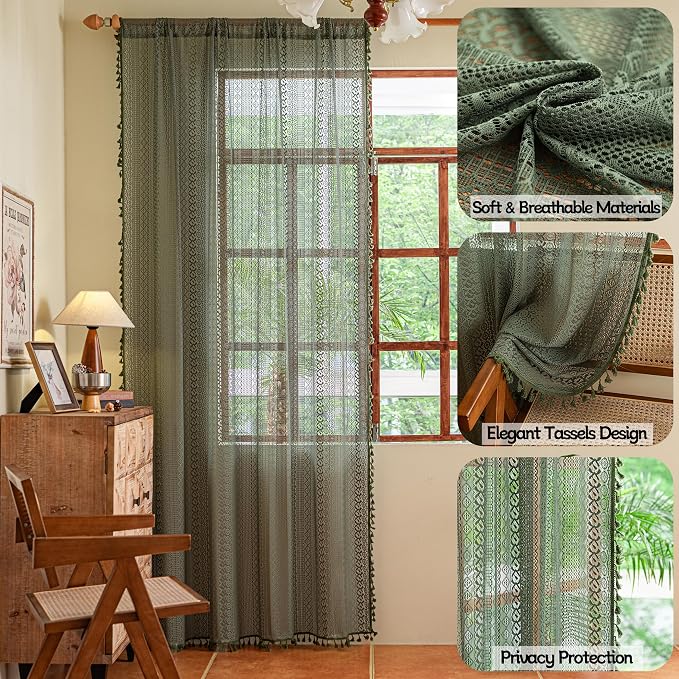 Sutuo Home Olive Green Boho Curtains 108 inches Long, Crochet Lace Sheer - Image 2
