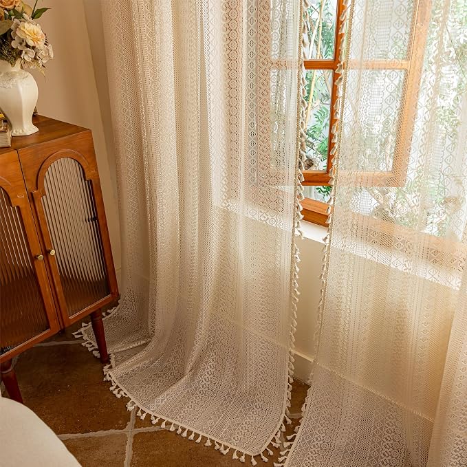 Sutuo Home Beige Boho Vintage Lace Curtains 108 inches Long by SutuoHome