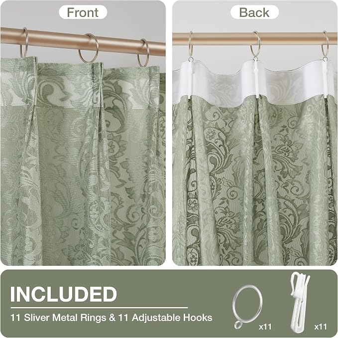 Bujasso Sage Green Lace Pinch Pleat Curtains 63 inch, Vintage Floral Sheer - Image 4