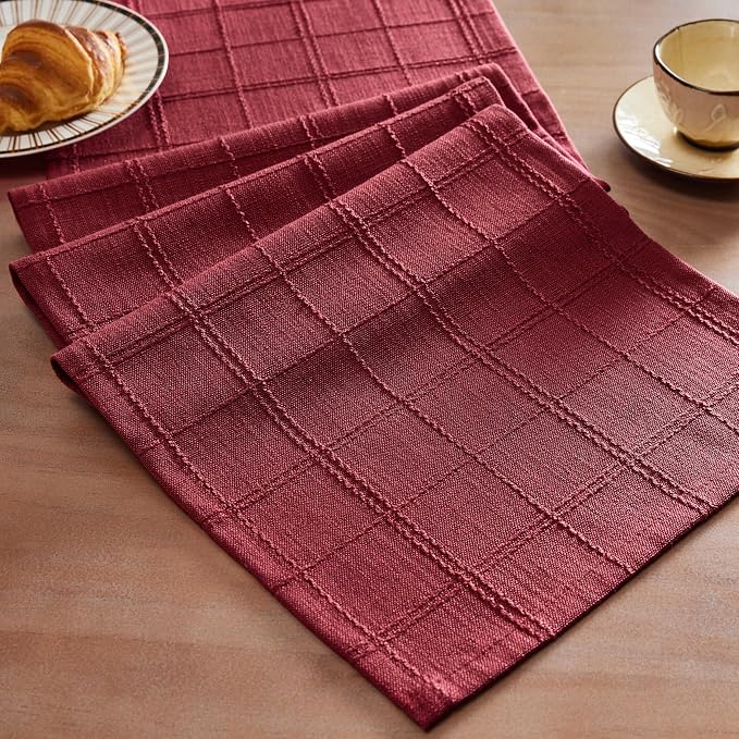 Linen Checked Farmhouse Table Runner, 13x48 Inches Burgundy | Raised Grid Design by ZEEMARTONLINE