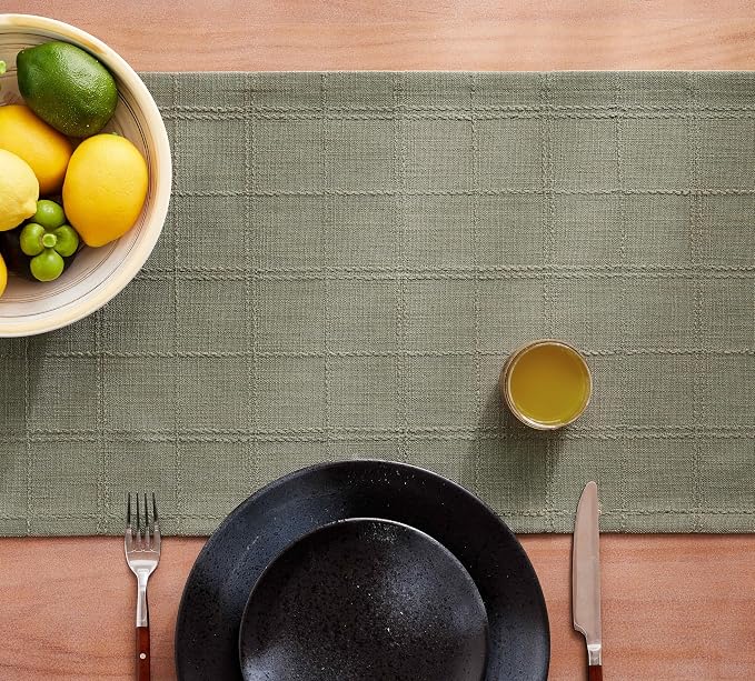 Linen Checked Farmhouse Table Runner, 13x108 Inches Olive | Raised Grid Design - Image 7