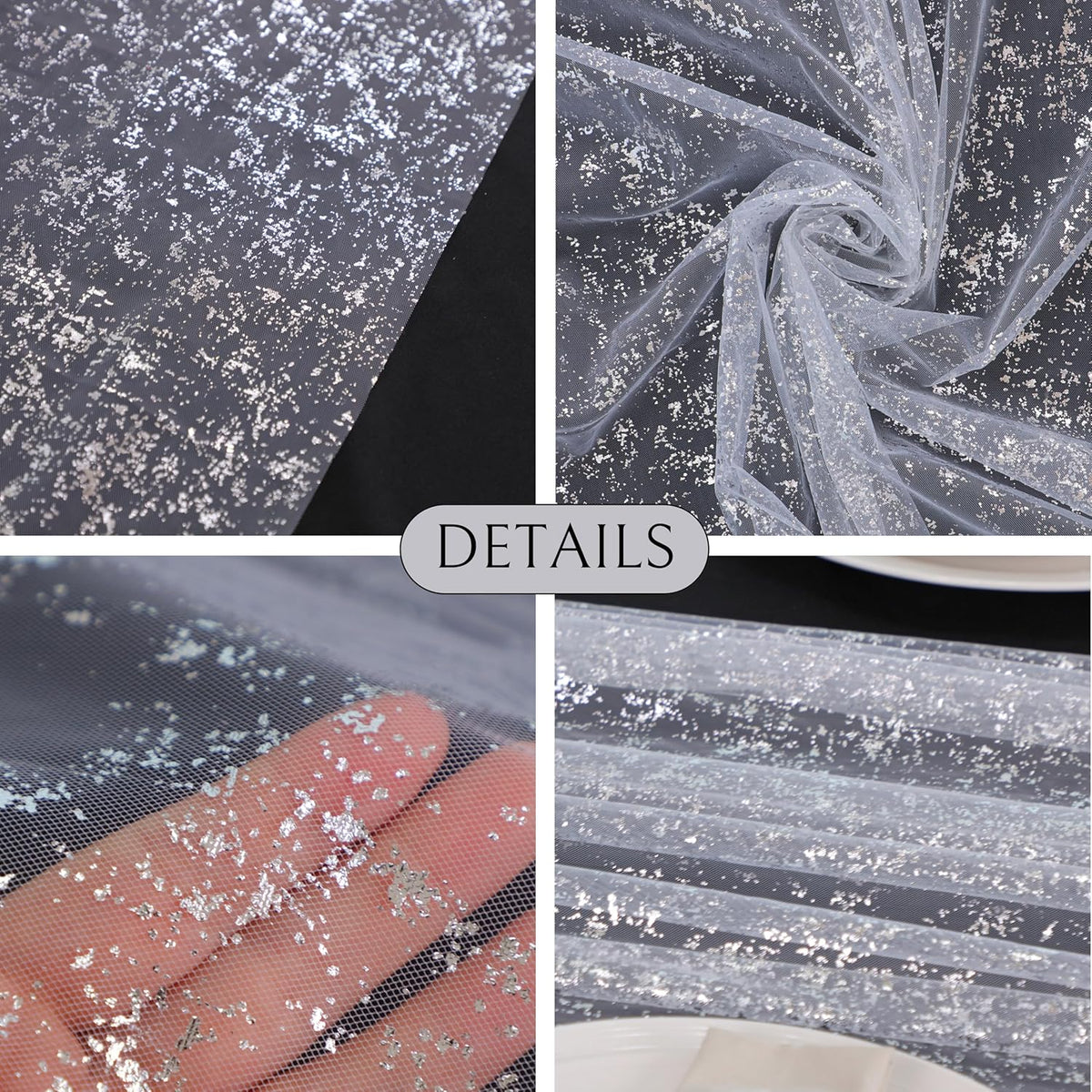 Snowkingdom 10 FT White Silver Cheesecloth Table Runner, Sequin Metallic Foil Sheer Chiffon Gauze, Glitter Silver Party Table Decoration Centerpieces for Wedding Birthday Bridal Baby Shower Christmas