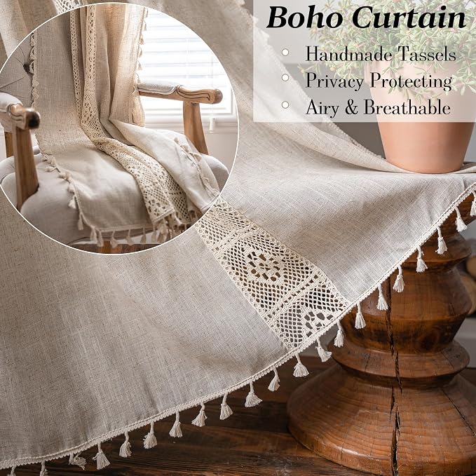 Sutuo Home Boho Linen Curtains for Kitchen Bedroom, Bohemian Semi Sheer Crochet - Image 4