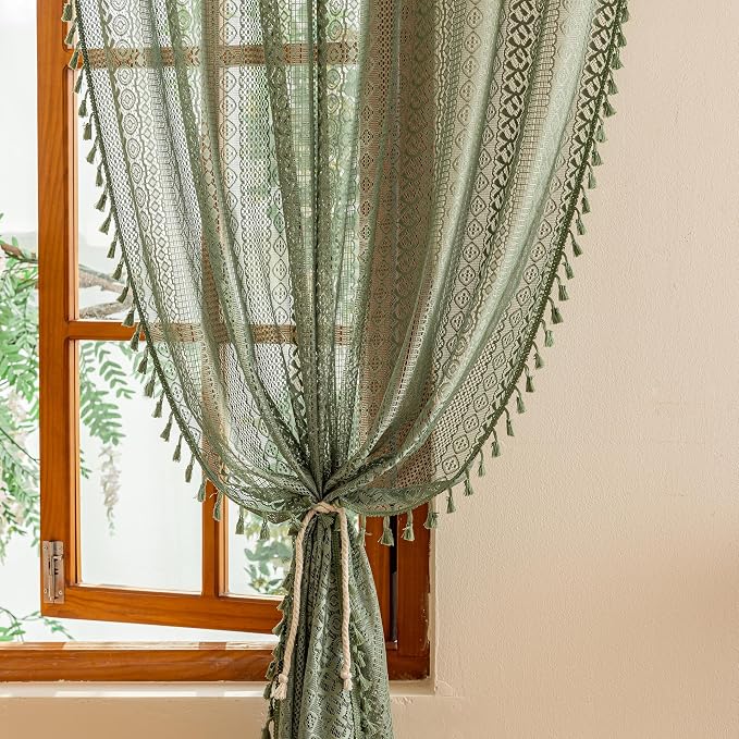 Sutuo Home Olive Green Boho Lace Curtains 84 Inches Long - Image 3