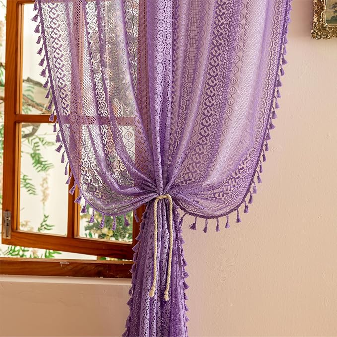 Sutuo Home Lavendar Boho Lace Curtains 96 inches 2 Panels Long - Image 3