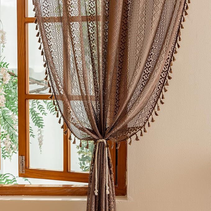 Sutuo Home Dark Coffee Boho Lace Curtains 108 inches Long - Image 6