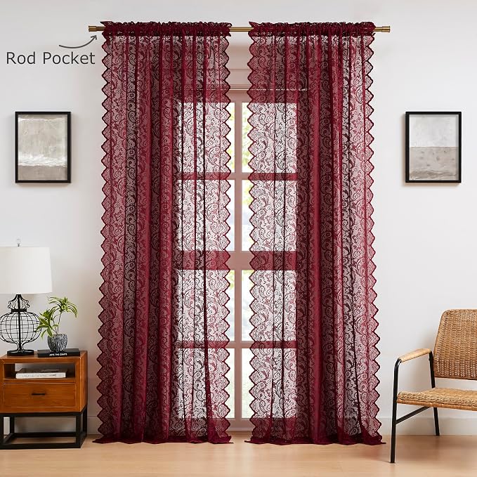 Bujasso Burgundy Red Lace Sheer Curtains - Image 8