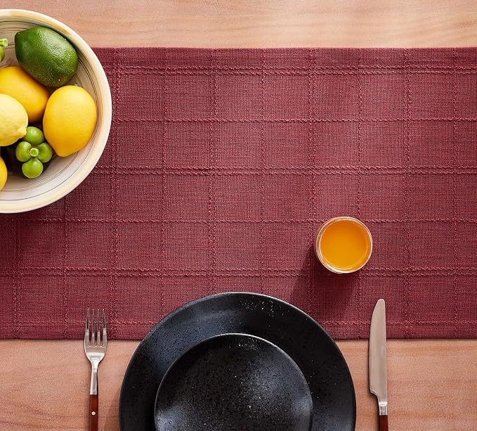 Linen Checked Farmhouse Table Runner, 13x60 Inches Burgundy | Raised Grid Design - Image 7